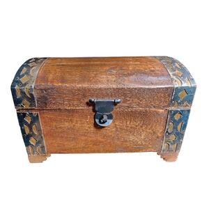 Vintage Handmade Brass & Copper Inlaid Trinket Jewelry Treasure Chest 8"X6"X5.5"